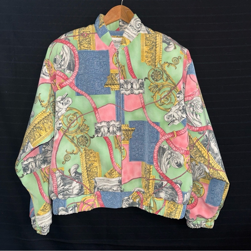 Marcia Womens Long Sleeve Green Pink Architecture Full Zip Jacket Medium M